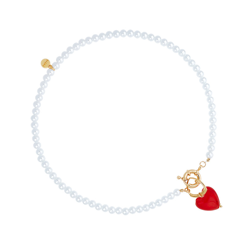 Lizas Kette Perlenkette mit Herzanhänger rot