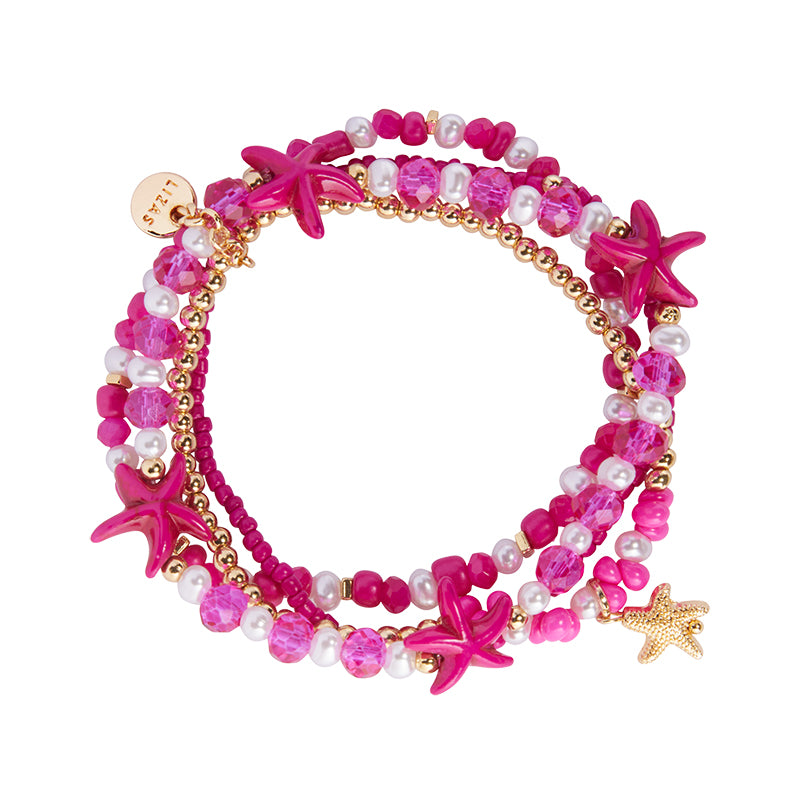 LIZAS Exklusiv Perlenarmband pink/gold mit Seesternen