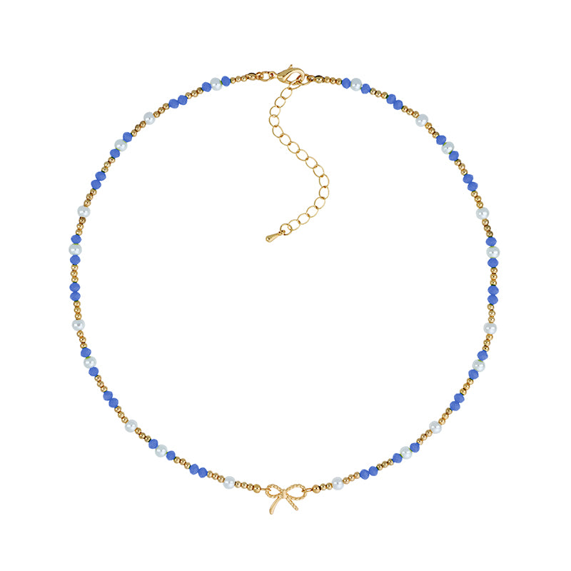 Lizas Kette Halskette gold mit blauen Perlen und Schleife