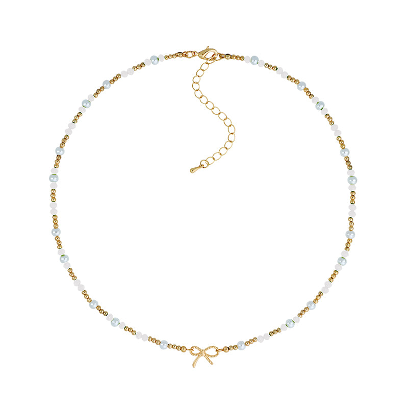 Lizas Kette Halskette gold mit weißen Perlen und Schleife