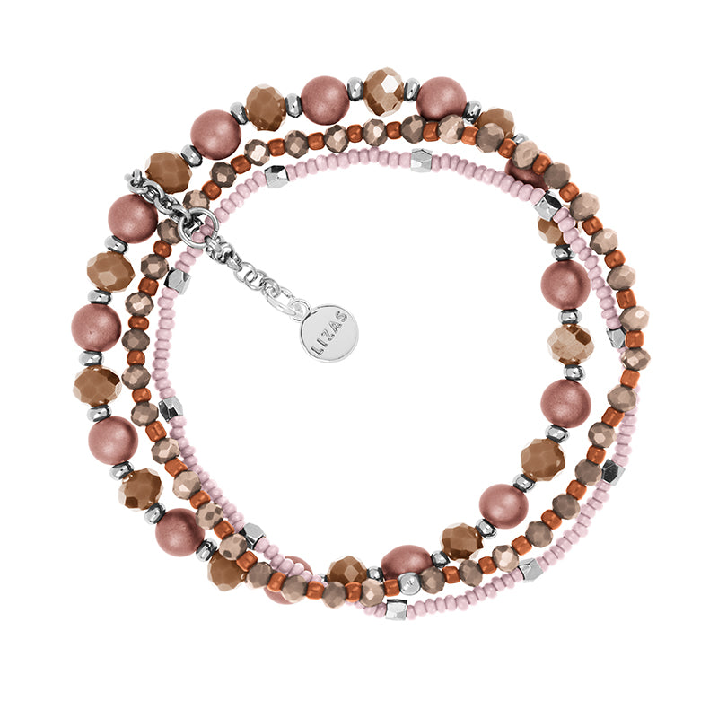 LIZAS Exklusiv Schmuckarmband dreireihig rotbraun/rosa silber